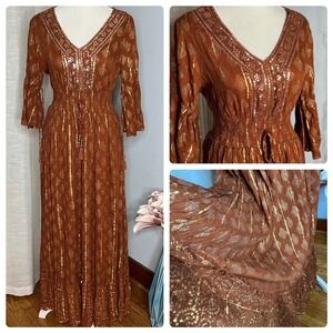 Me 2‎ Magic Anthropologie Bohemian Maxi Dress Smocked Sequins Gold Brown Small